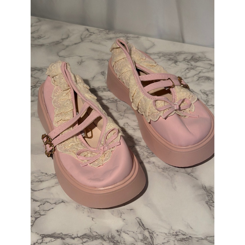 Pink Lace Ruffle Platform Mary Jane Shoes Heart Buckle Kawaii Lolita Size 37